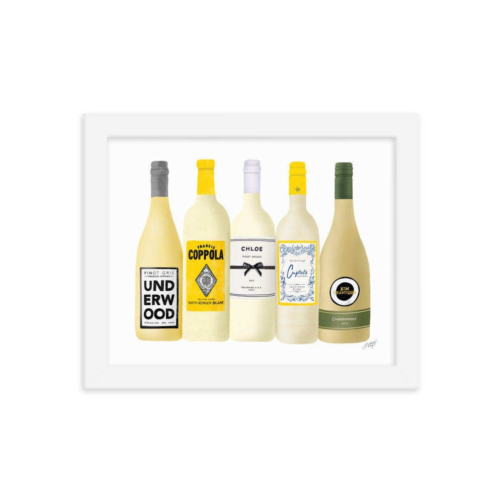Ilustración de botellas de vino blanco - Impresión mate enmarcada